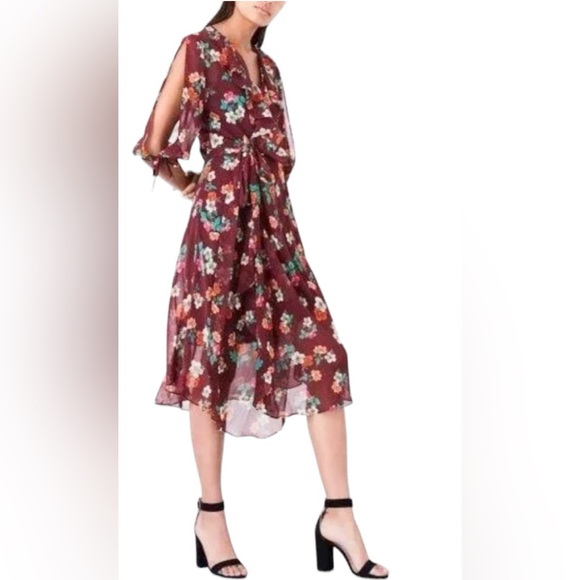 Maje Reselia Burgundy Sheer Floral Chiffon Ruffle Midi Self Tie Wrap Dress - Picture 5 of 12